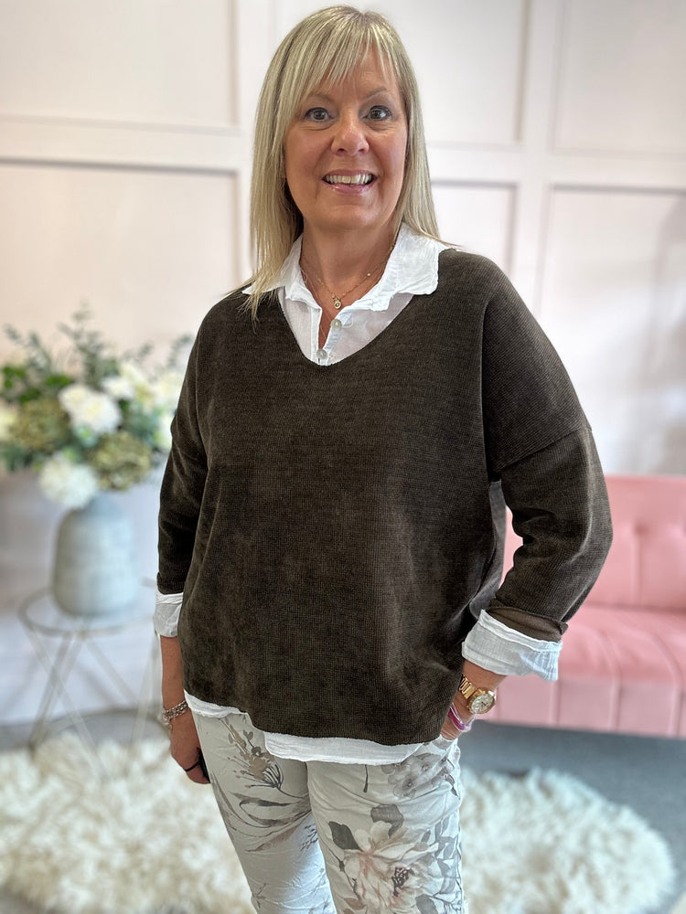 Ribbed Corduroy Look Jumper  - Chocolate