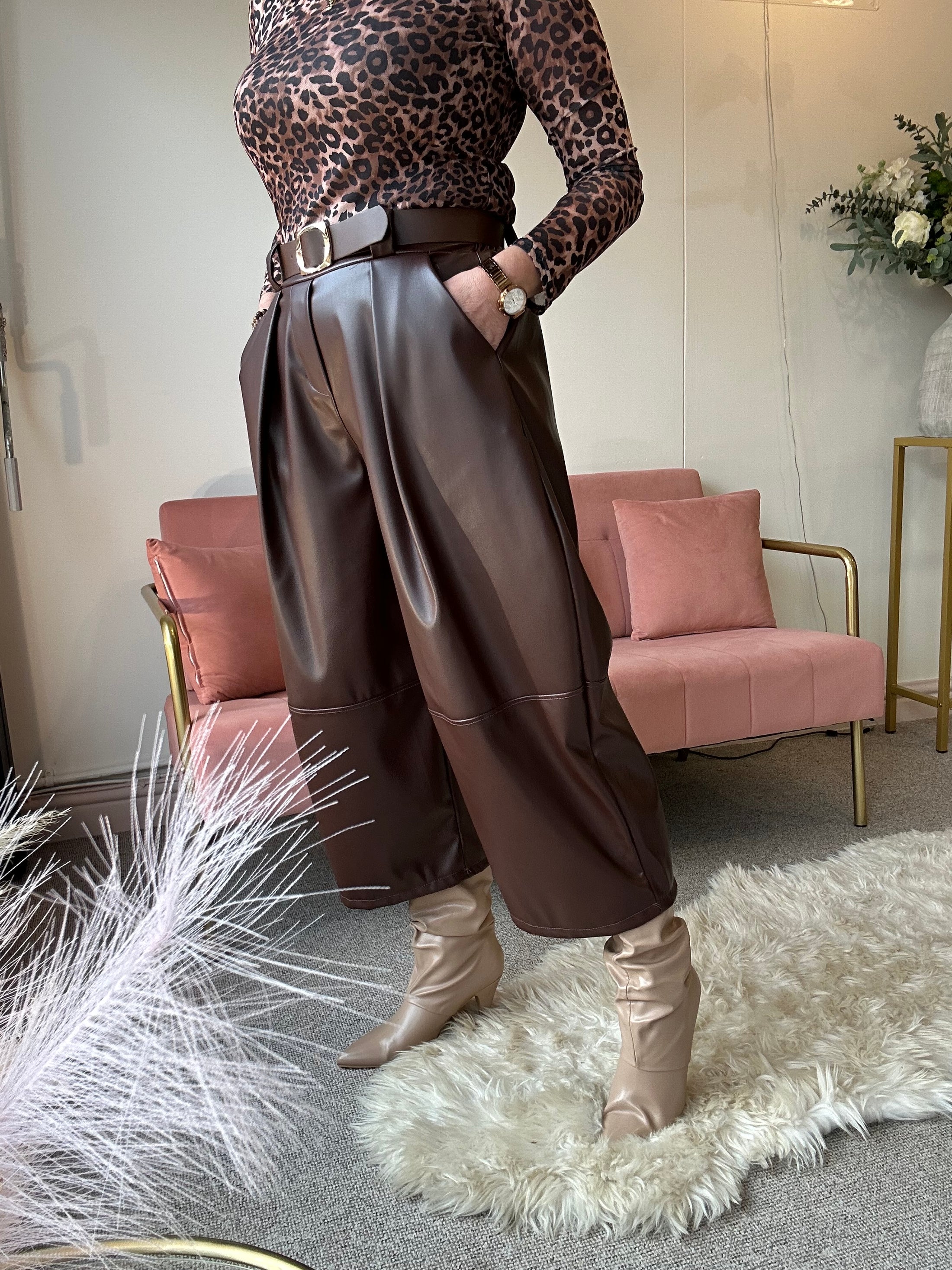 Faux Leather Wide Leg Trouser - Brown