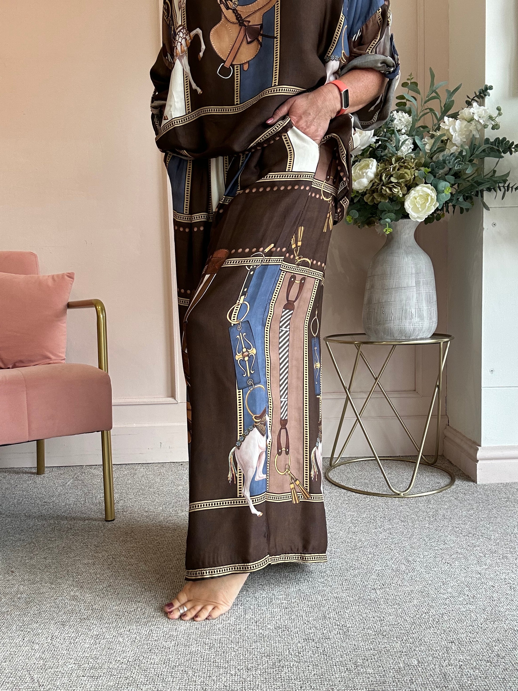 Horse & Bridle Silk Wide Pant - Brown/Blue - Wardrobe By Simone