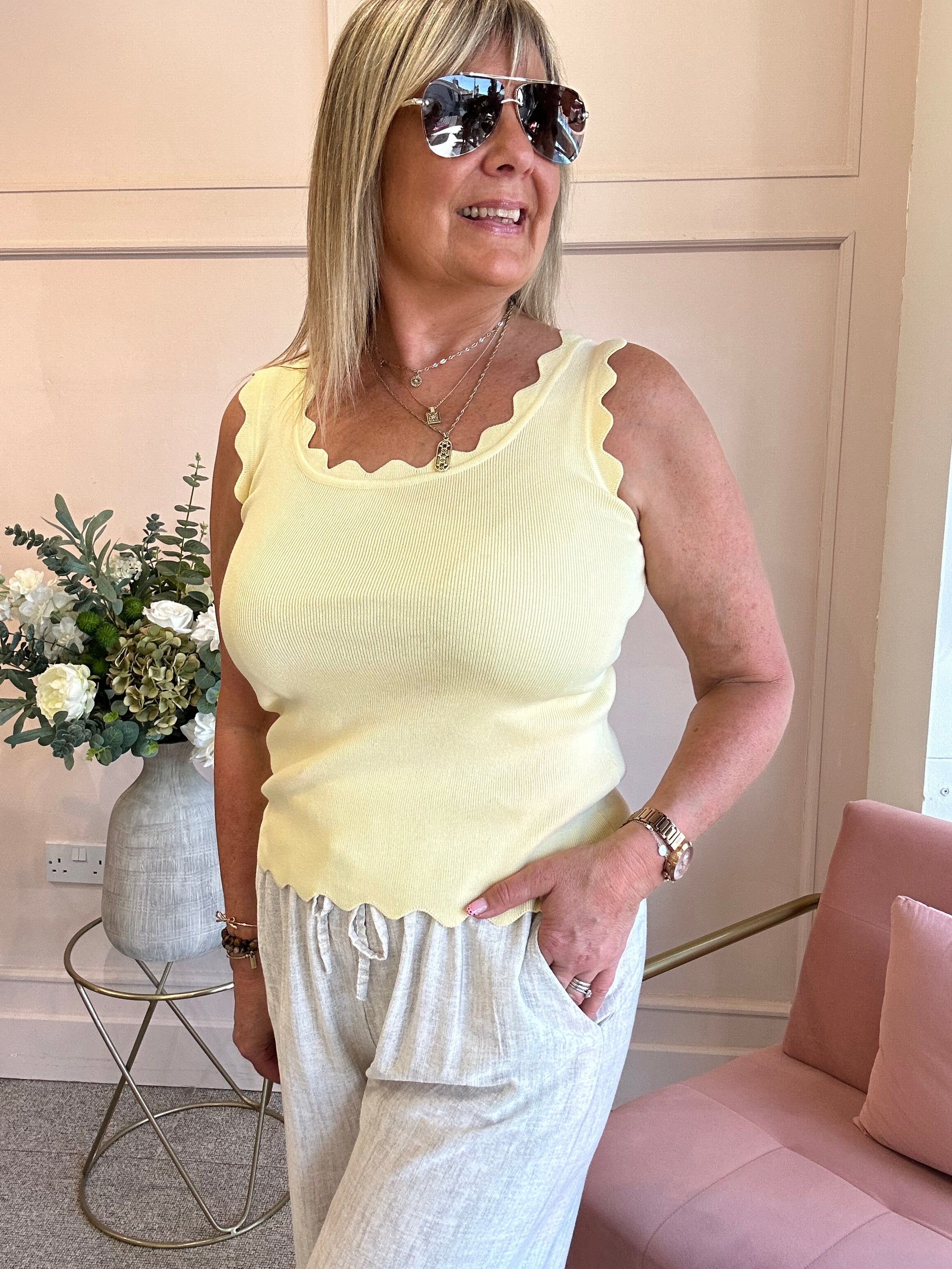 Scalloped Edged Vest Top - Pale Yellow