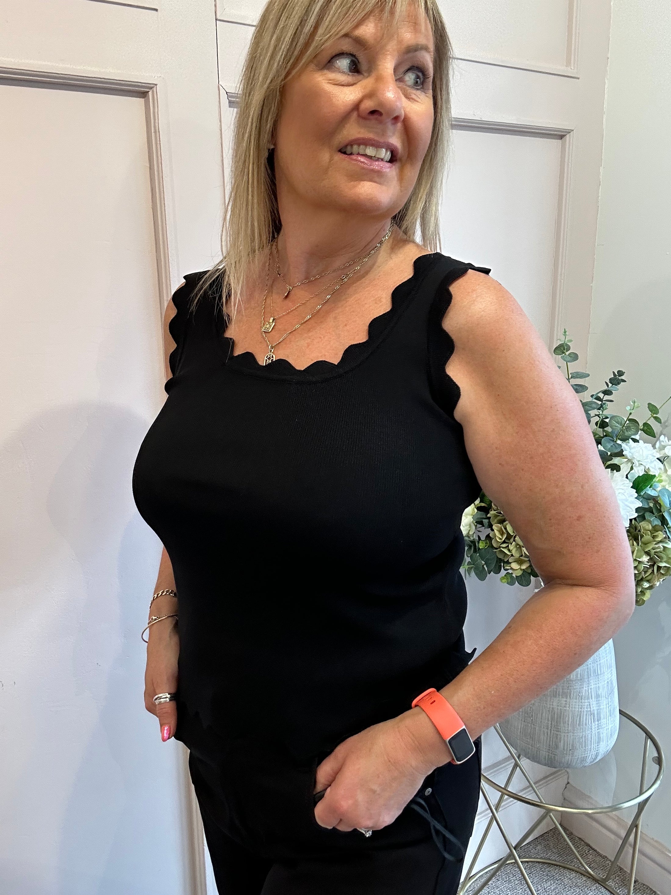 Scalloped Edged Vest Top - Black