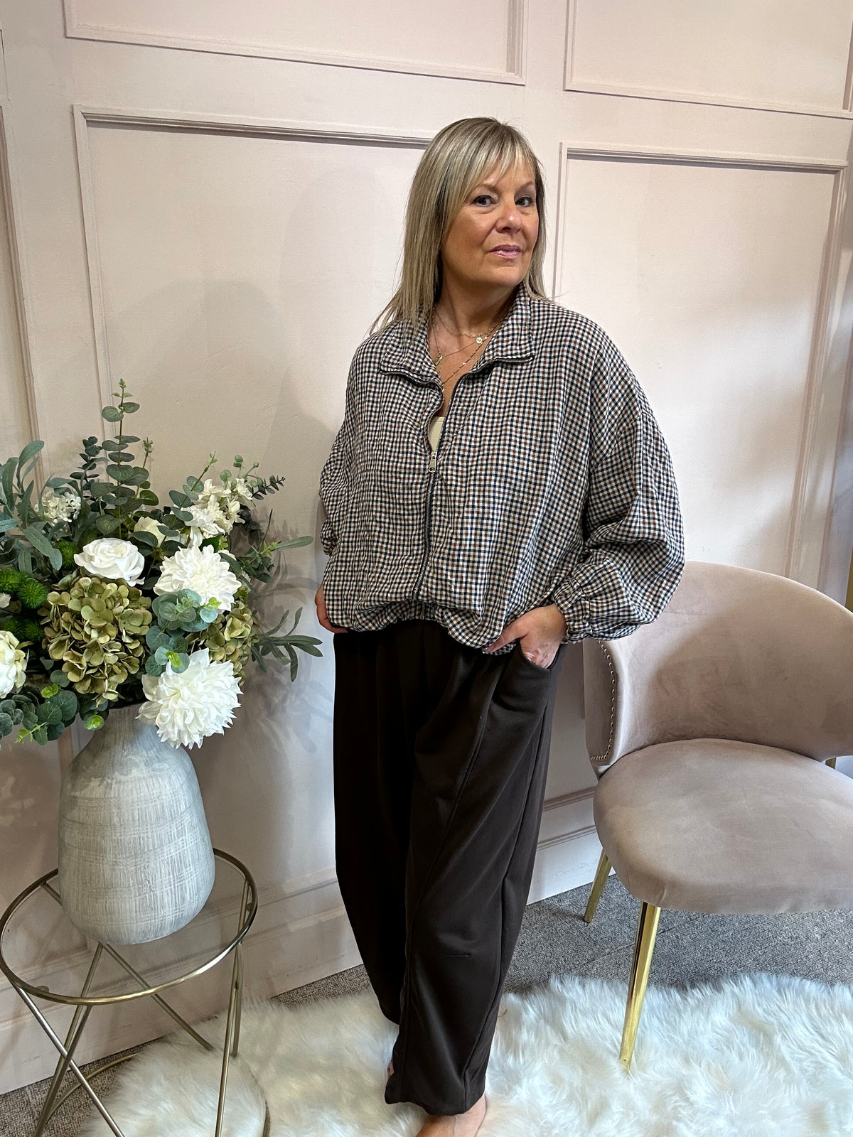 Checked Zip Jacket - Tan/Navy - Wardrobe By Simone