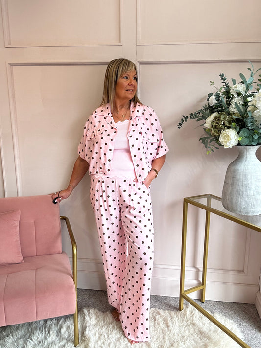 Polka Dot Shirt Pant Set - Sugar Pink/Brown - Wardrobe By Simone