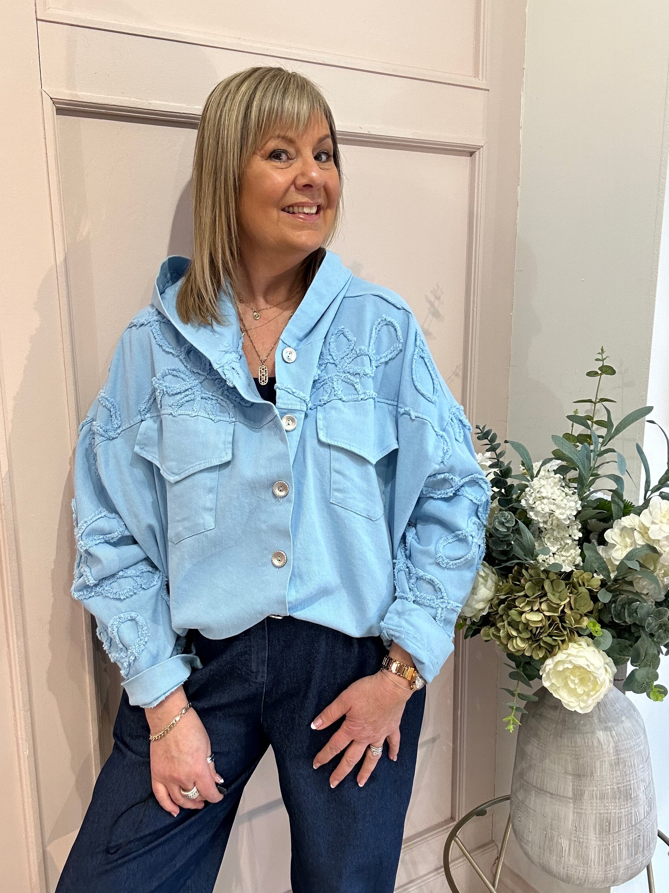 Denim Hooded Jacket - Powder Blue - Wardrobe By Simone
