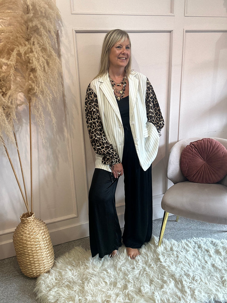 Pinstripe & Leopard Sleeve Blazer - Cream/Leopard - Wardrobe By Simone