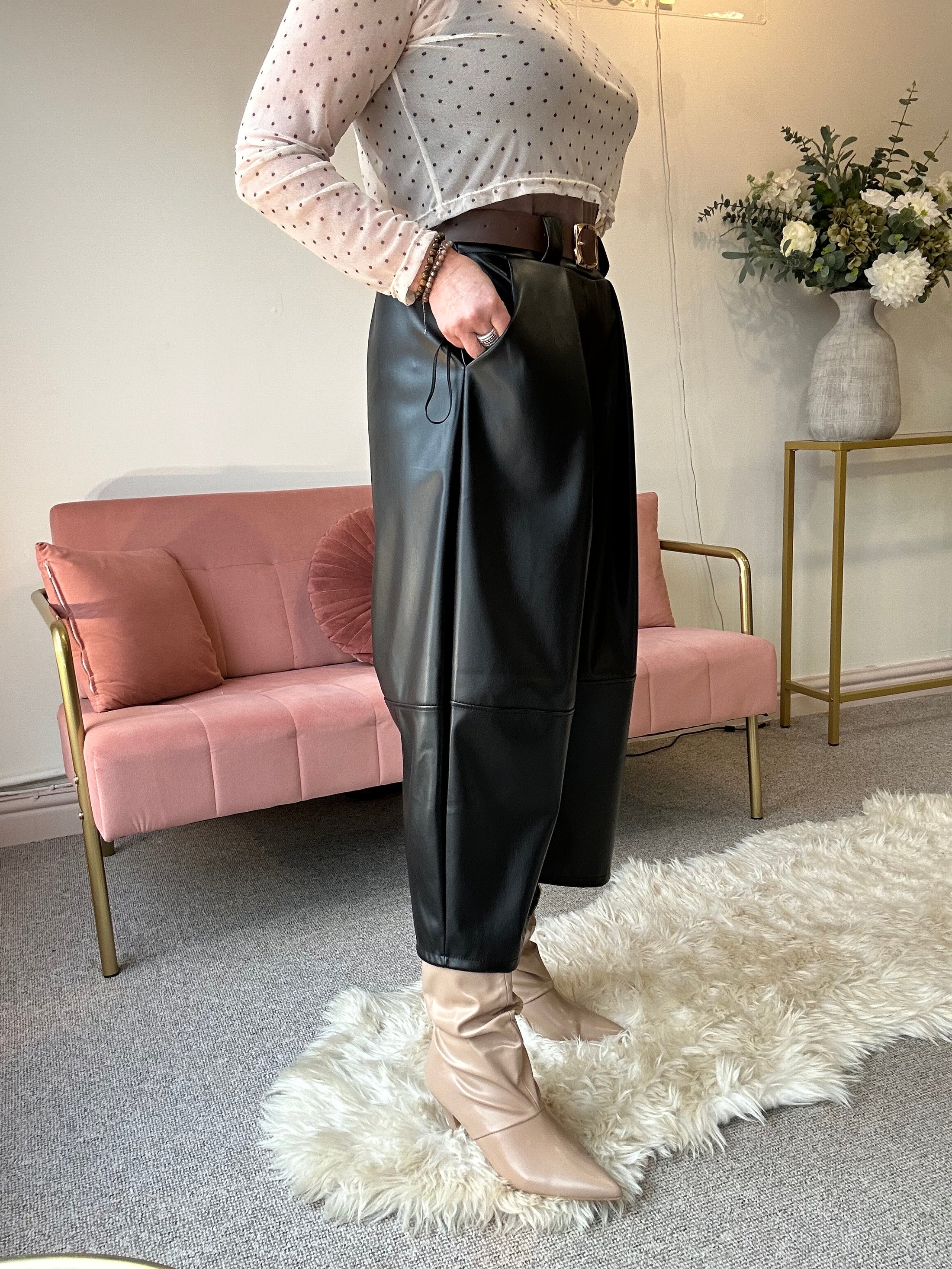 Faux Leather Wide Leg Trouser - Black