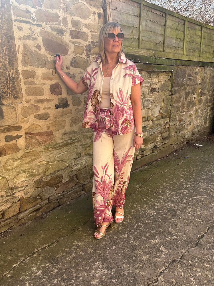 Cheetah & Palm Print Shirt - Cream/Pink