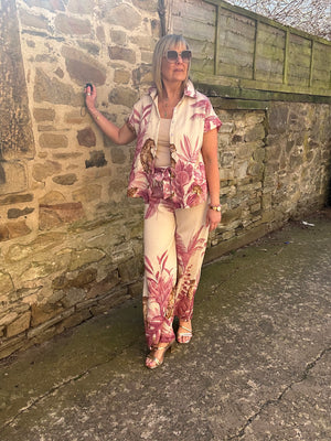 Cheetah & Palm Print Shirt - Cream/Pink