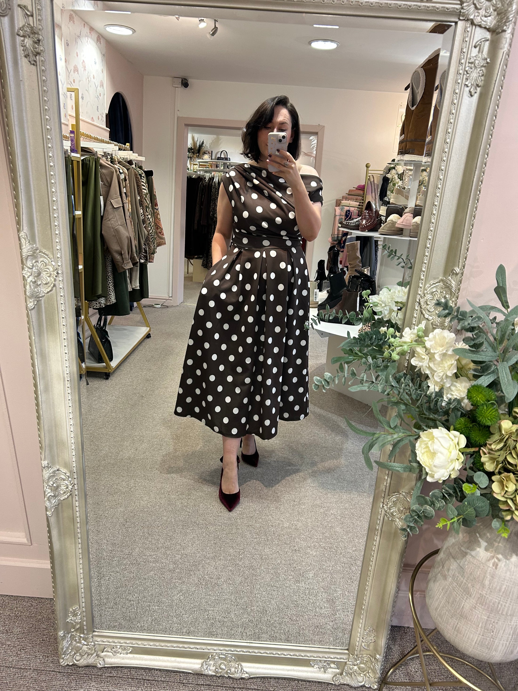 Polka Dot Asymmetric Neckline Skater Dress - Brown