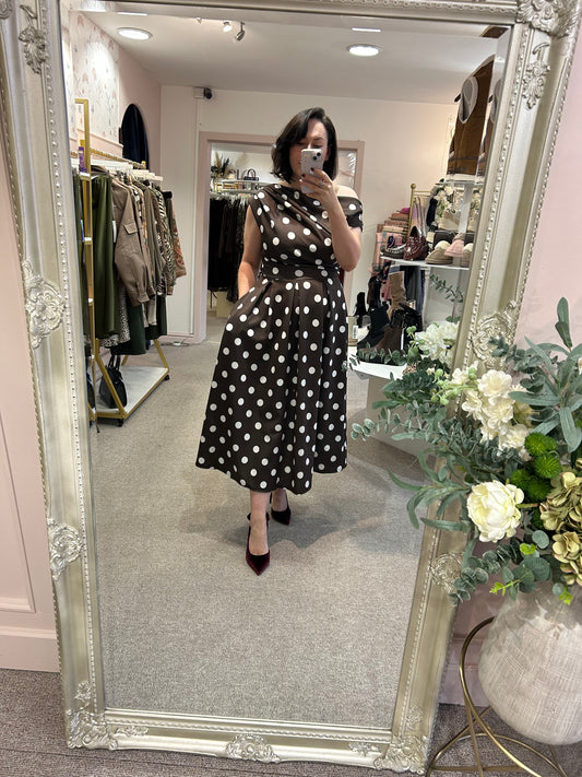 Polka Dot Asymmetric Neckline Skater Dress - Brown