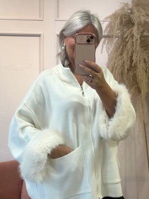 Fluff Detail  Zipped Cardi/Jacket - Cream