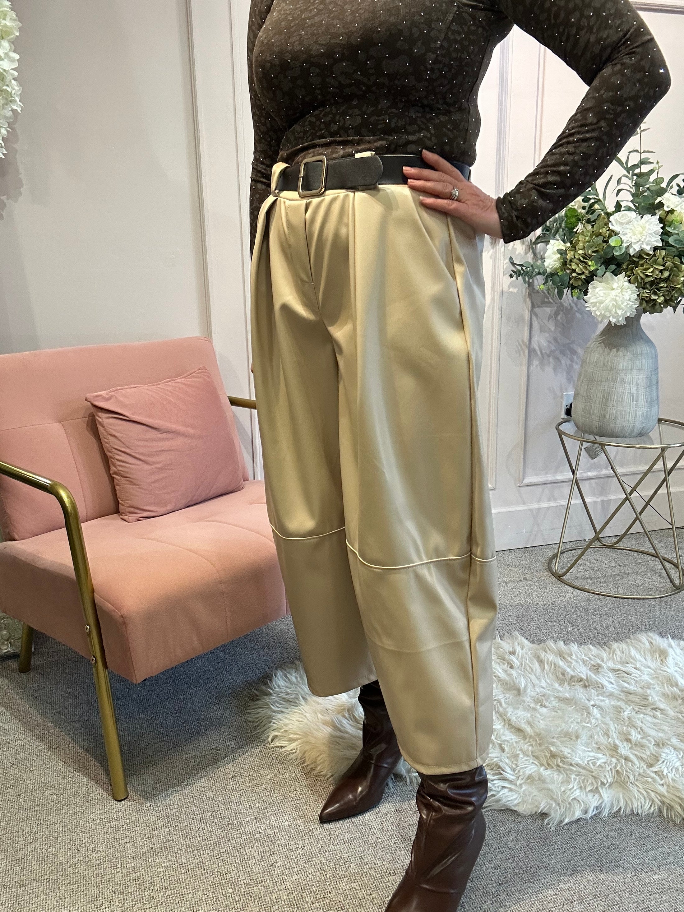 Faux Leather Wide Leg Trouser - Beige