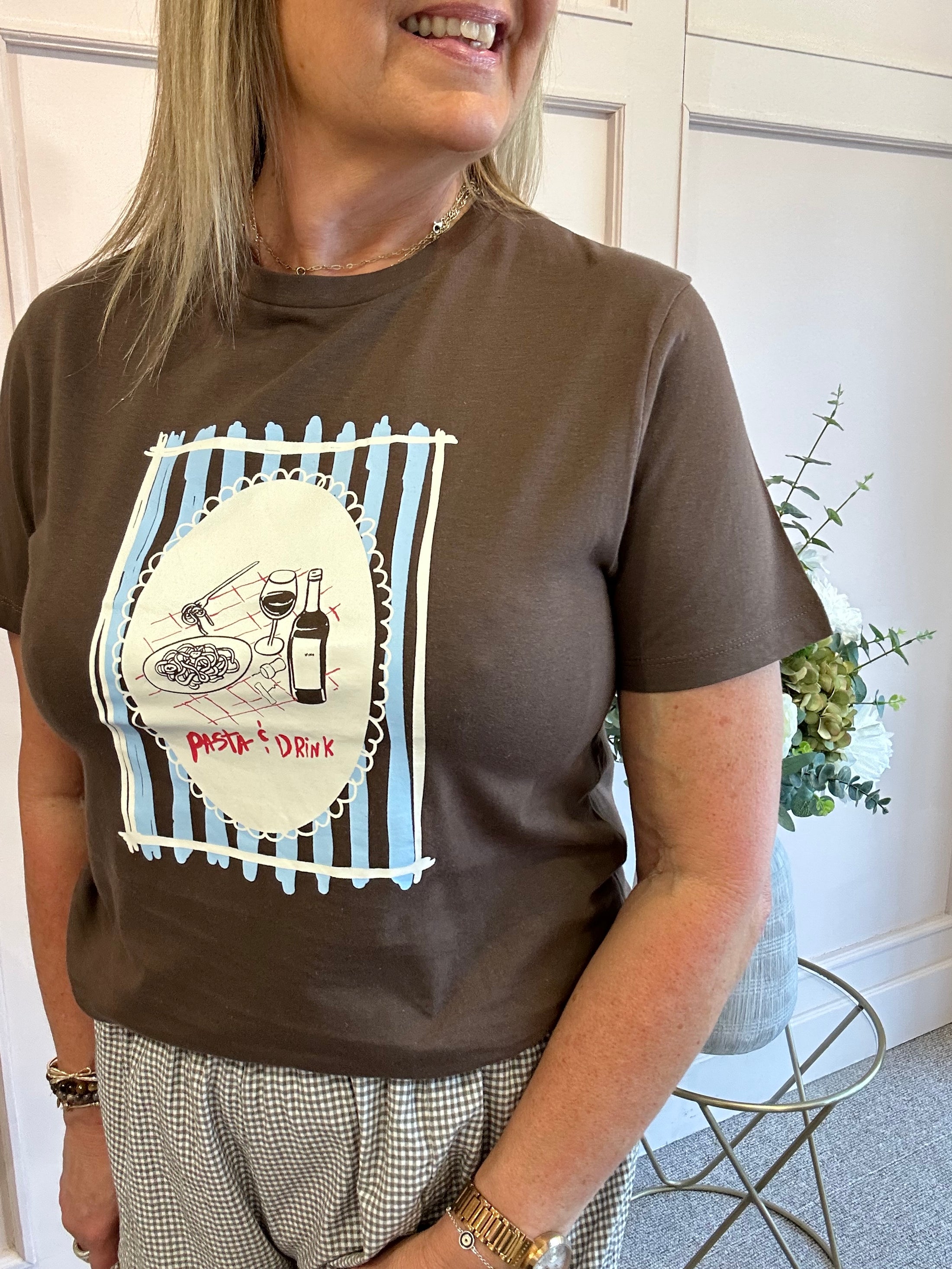 Pasta & Drinks T Shirt  - Brown
