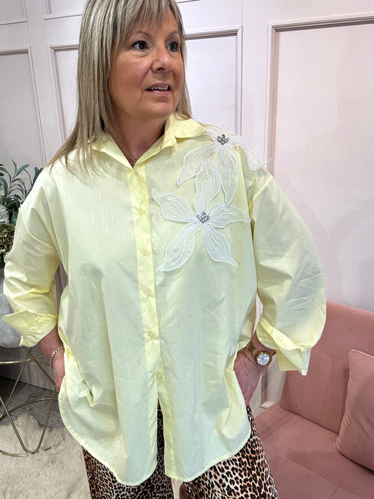 White Applique Flower Shirt  - Sunshine Yellow - Wardrobe By Simone