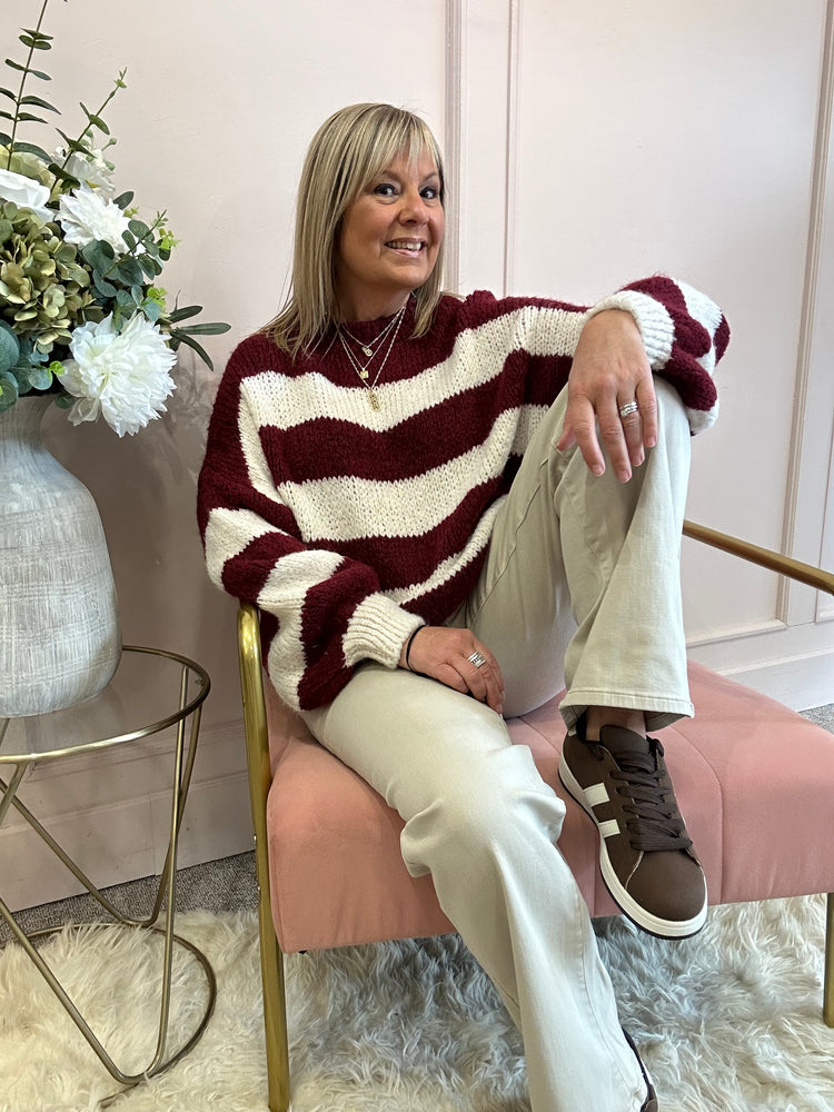 Chunky Striped Knitted Jumper - Wine/Cream