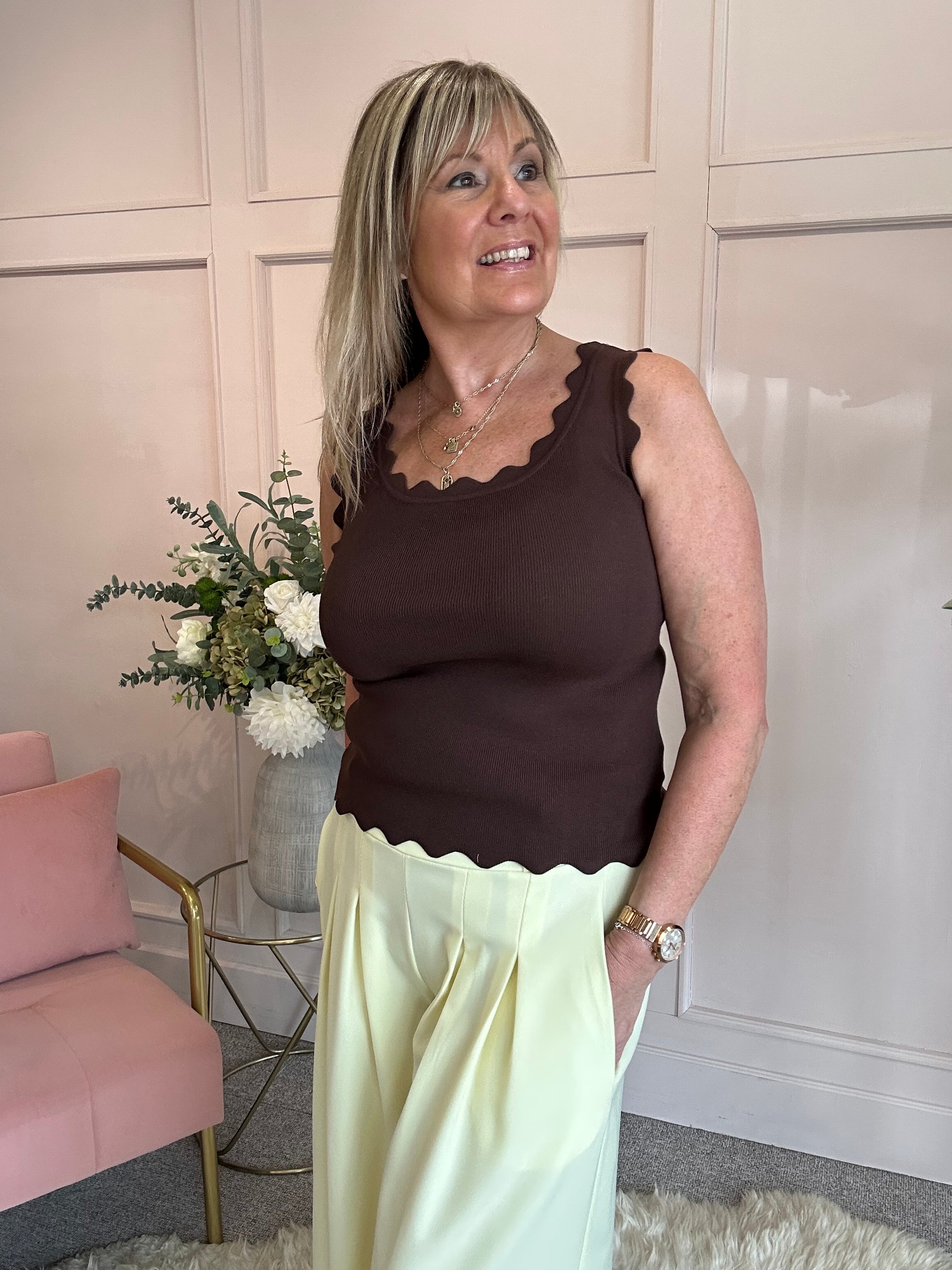 Scalloped Edged Vest Top - Brown