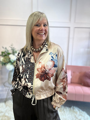Aztec & Floral Satin Zip Bomber - Browns/Blues - Wardrobe By Simone