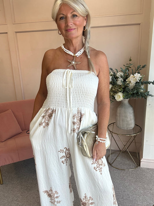 Floral Embroidered Detailed Jumpsuit - Cream/Beige - Wardrobe By Simone