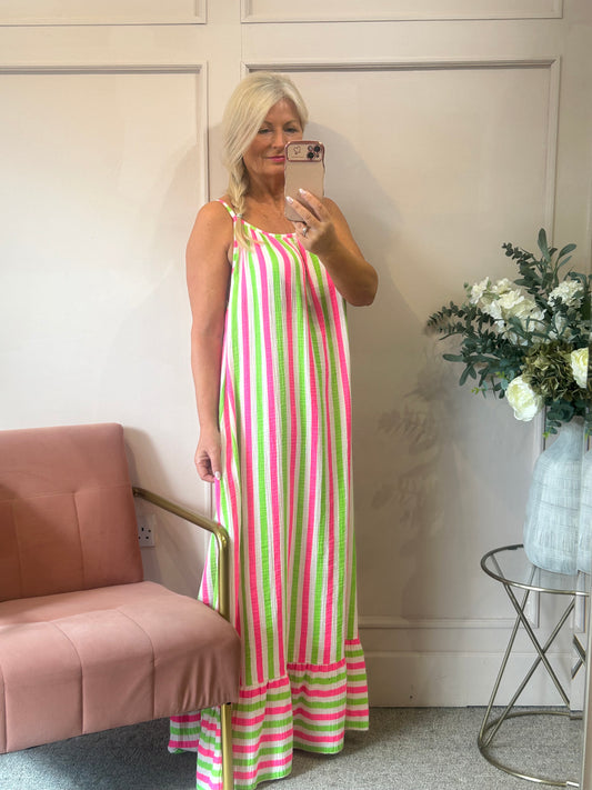 Strappy Maxi Sun Dress- Pink/White/Green - Wardrobe By Simone