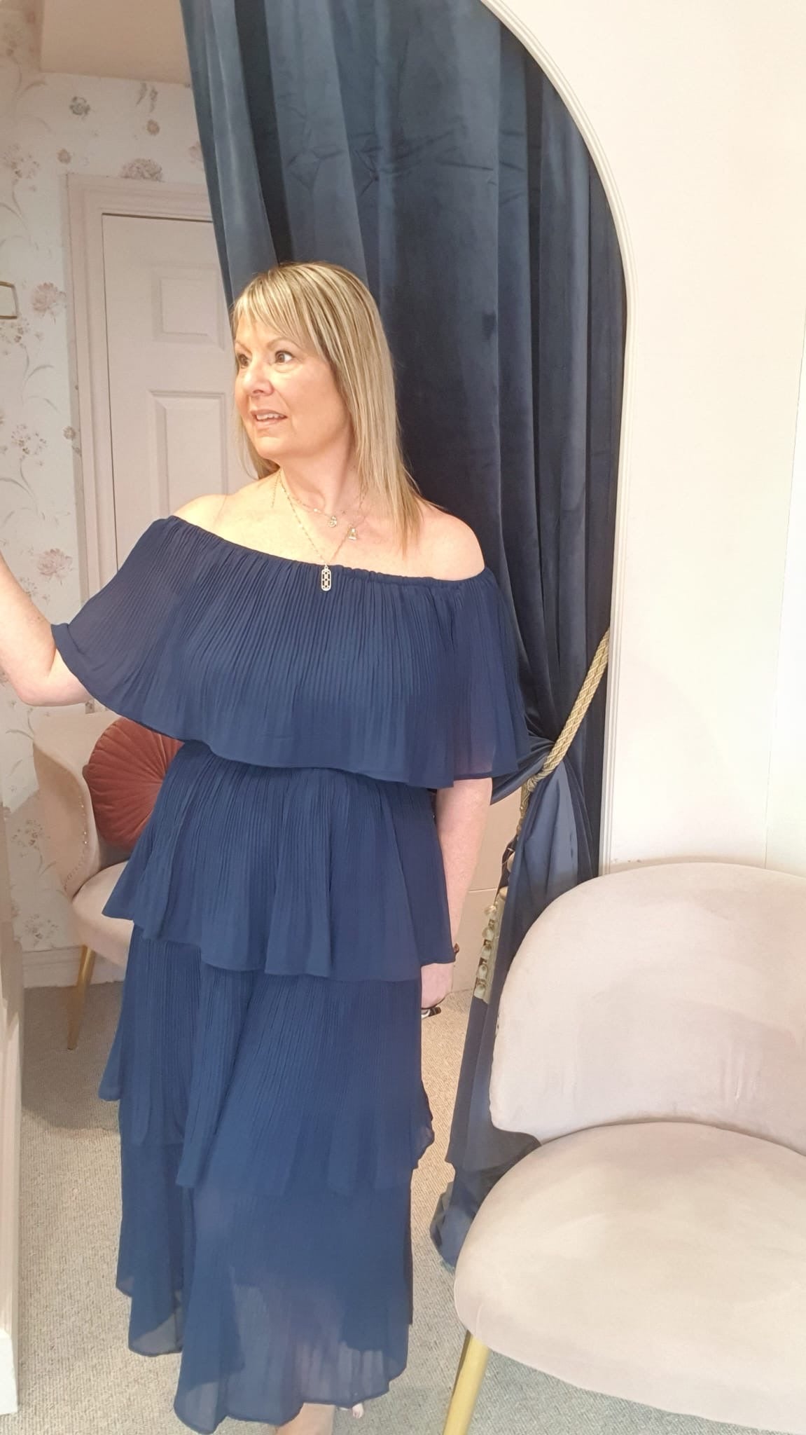 Off Shoulder Tiered Pleated Dress  - Navy - Wardrobe By Simone