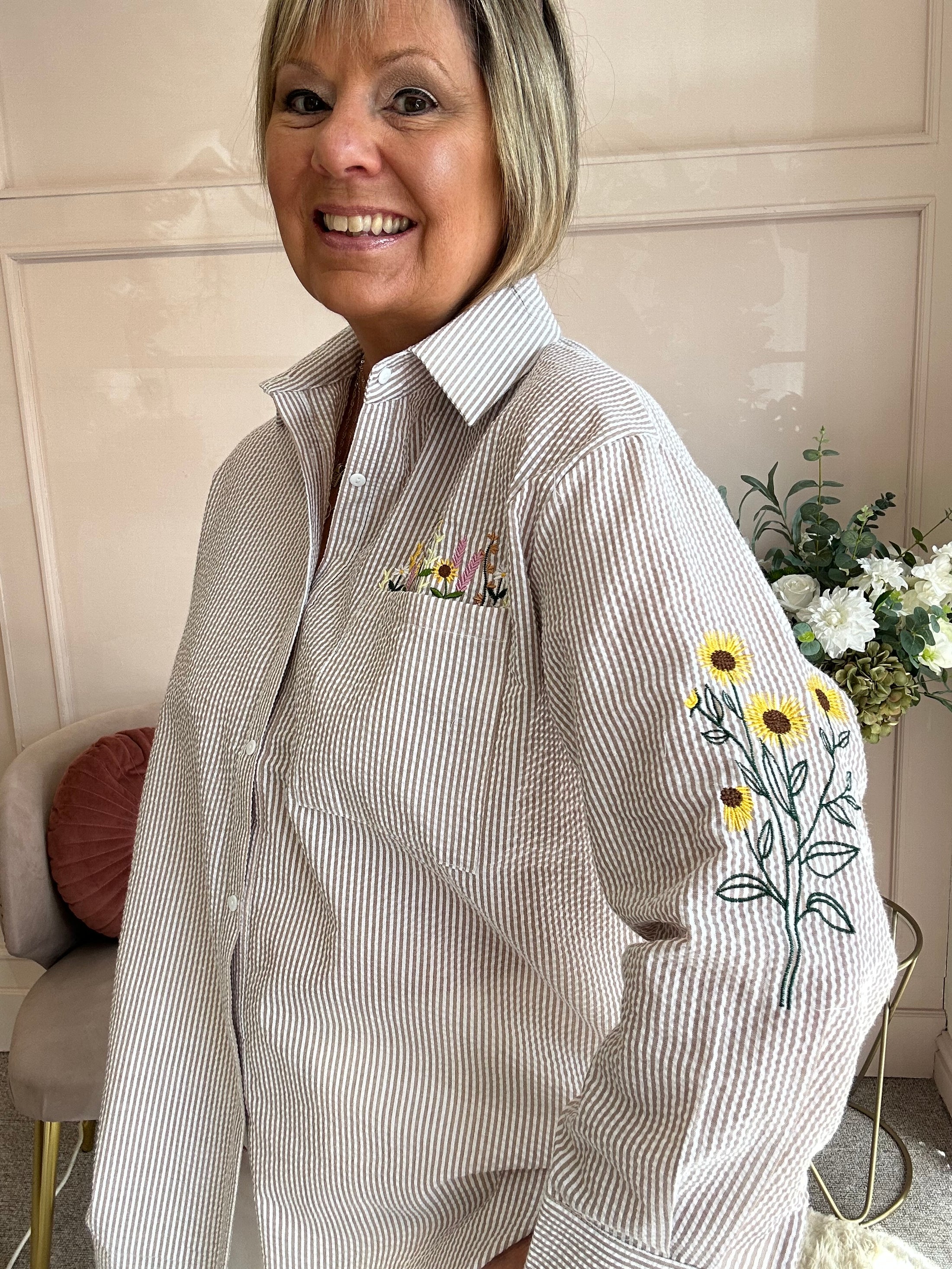 Sunflower Embroidered Detail Shirt  - Beige/White - Wardrobe By Simone