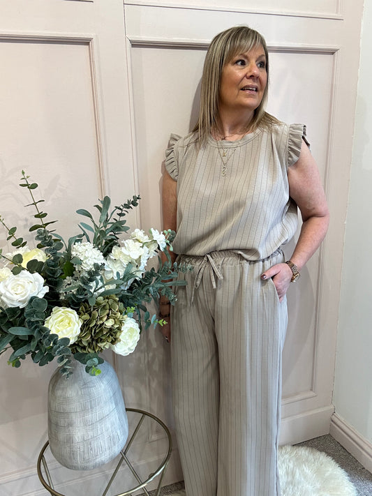 Pinstriped Frill Cap Top & Pant Set - Taupe/Brown - Wardrobe By Simone