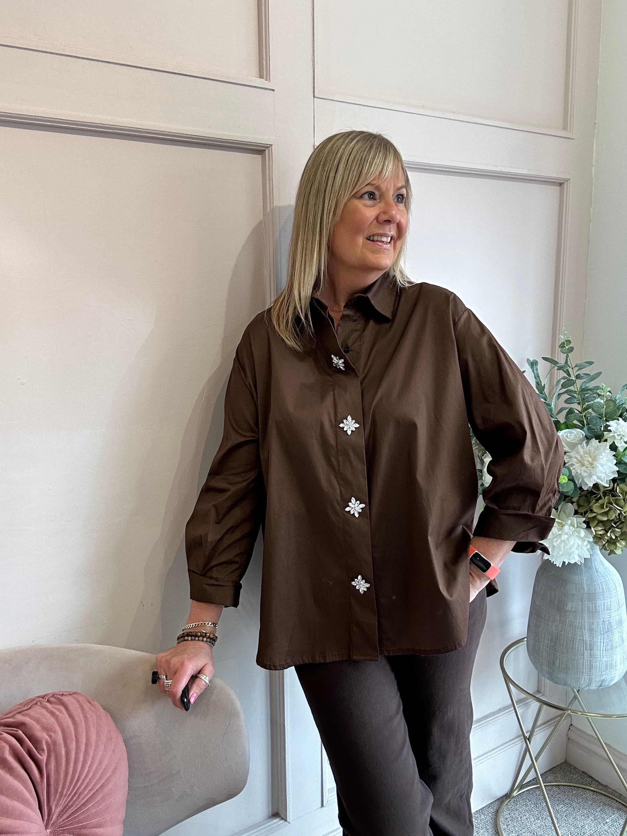 Jewel Button Shirt - Brown