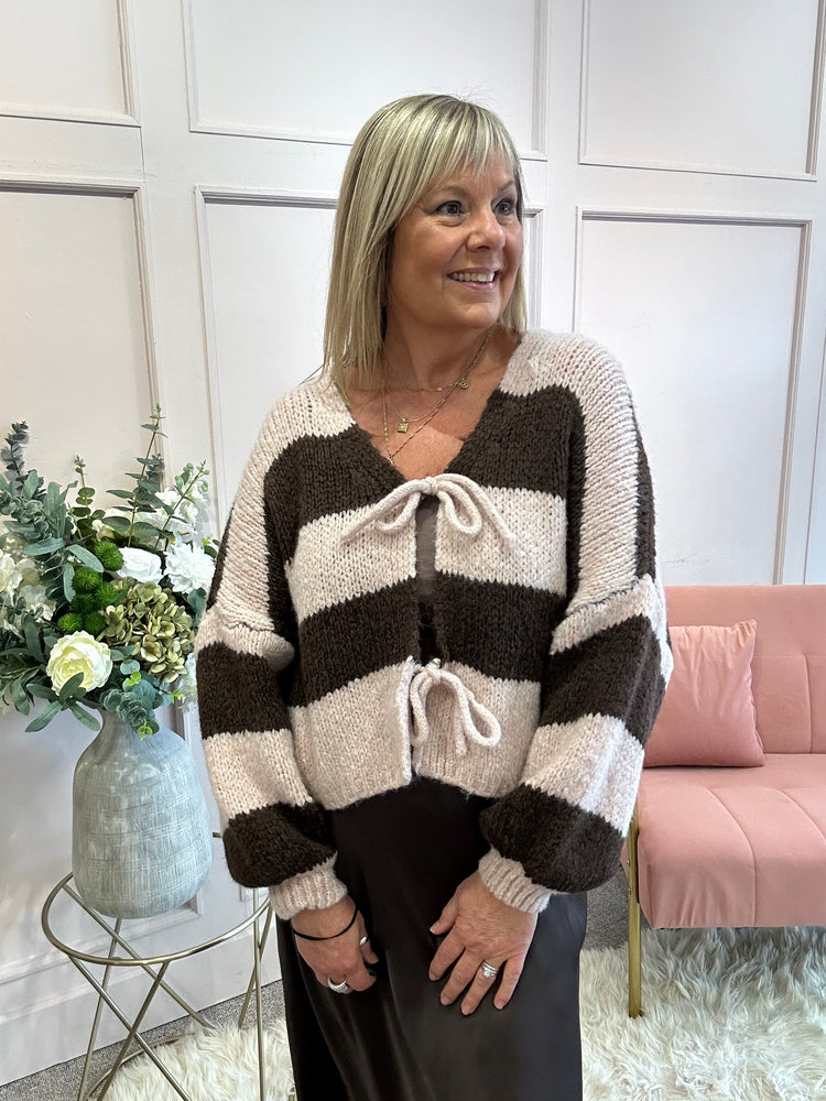 Chunky Striped Knitted Cardigan - Brown/Pink