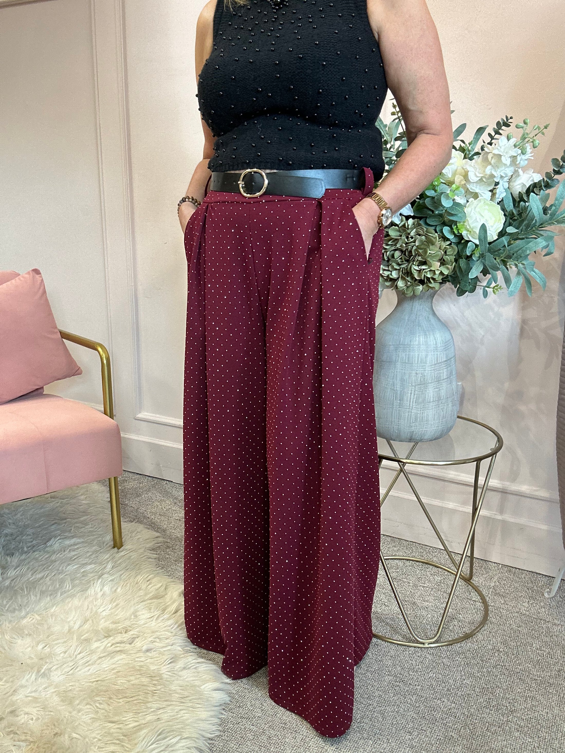 Twinkling & Sparkling Wide Leg Trouser - Burgundy