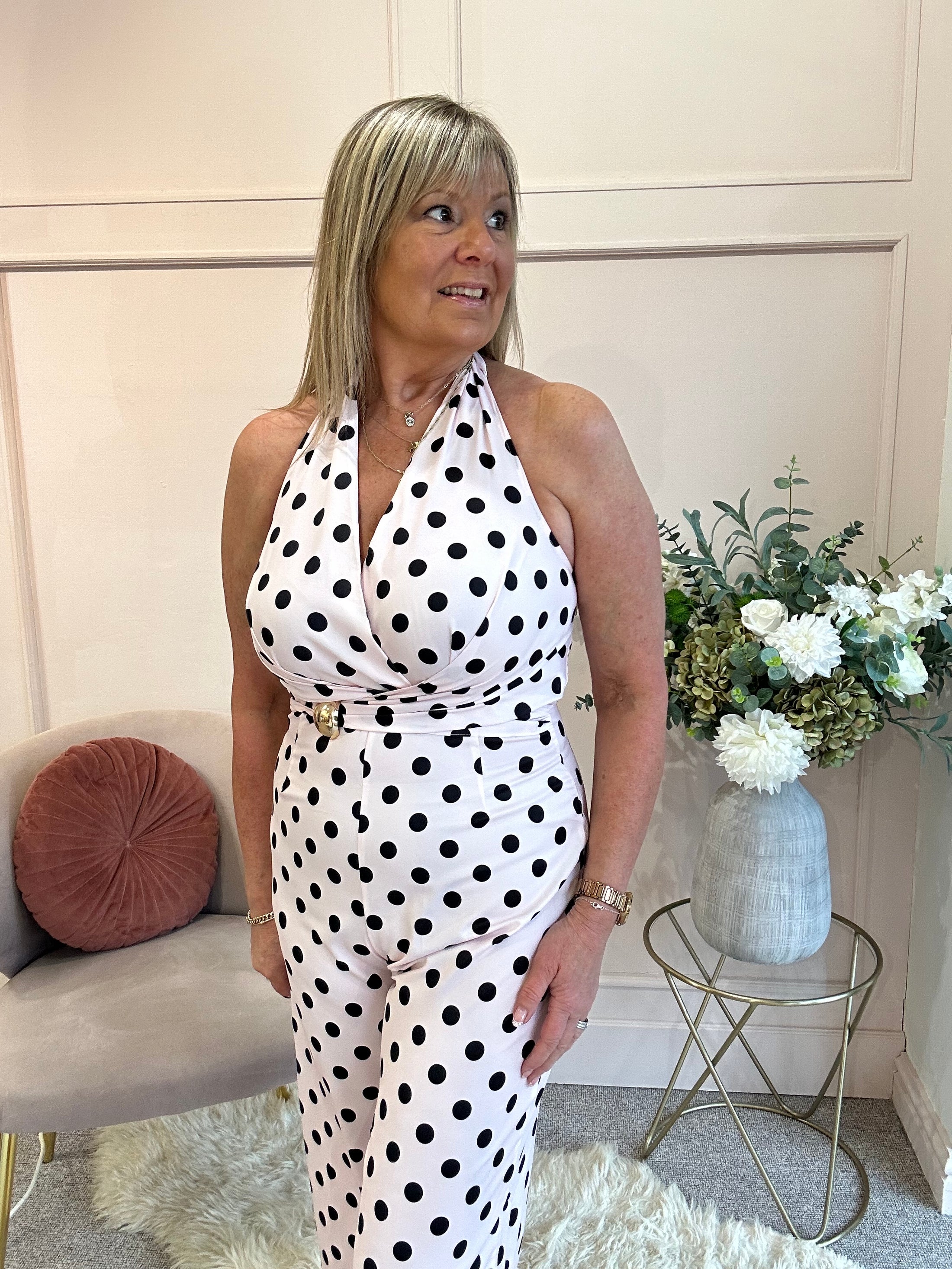 Halter Neck Polka Dot Jumpsuit - Soft Pink/Black - Wardrobe By Simone