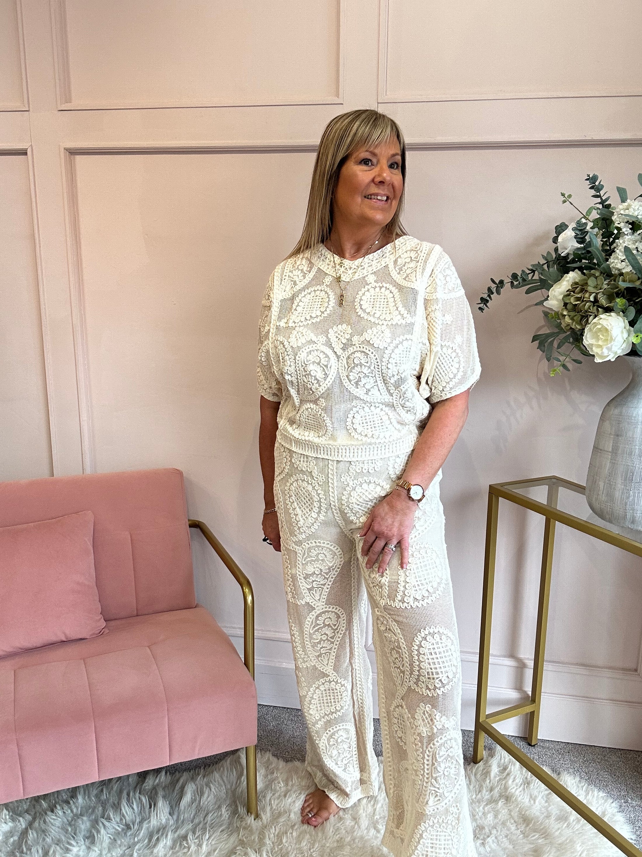 Woven Lace Detail Top& Pant Set - Cream - Wardrobe By Simone