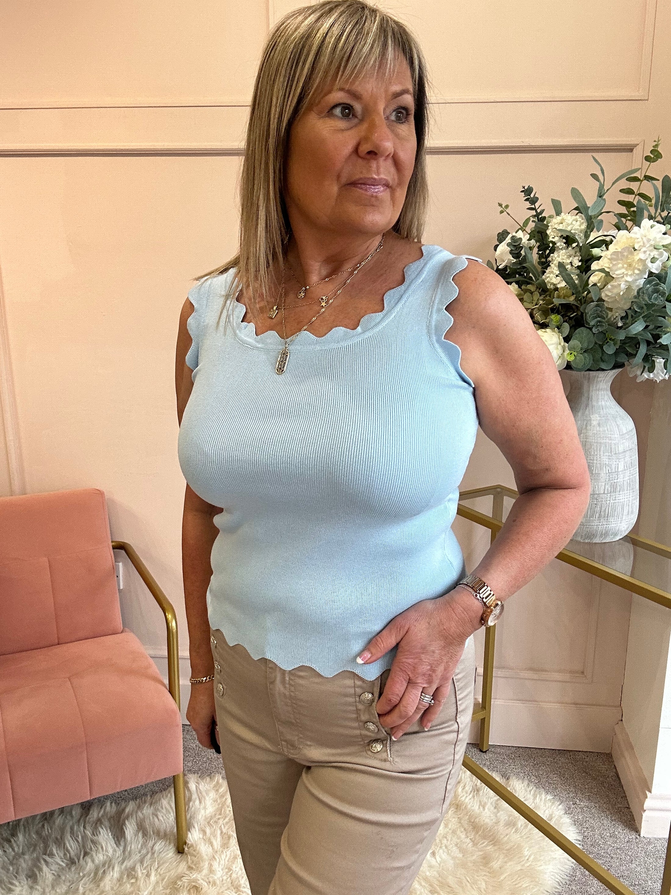 Scalloped Edged Vest Top - Soft Blue - Wardrobe By Simone