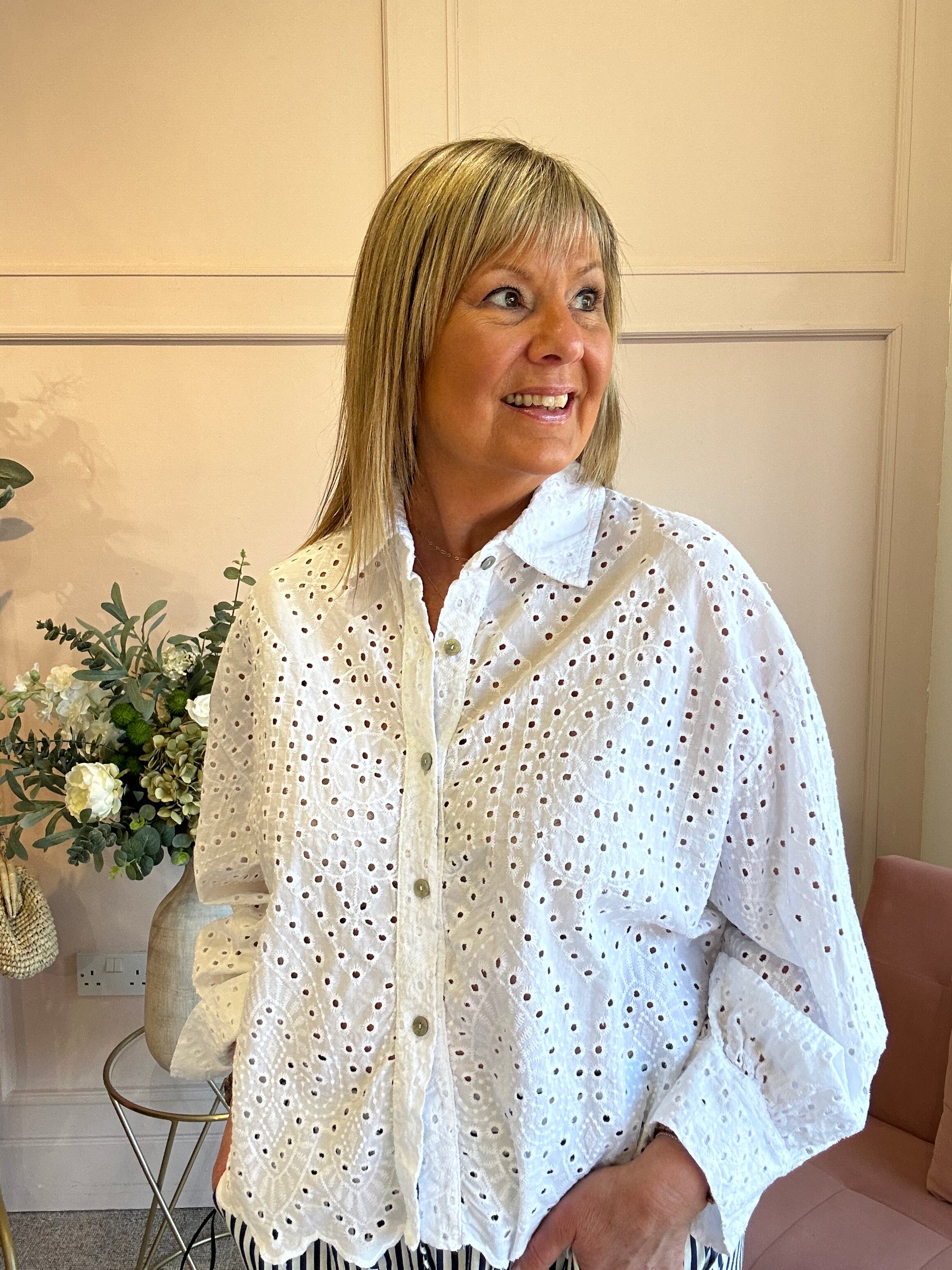 White Broderie Anglaise Shirt  - White - Wardrobe By Simone