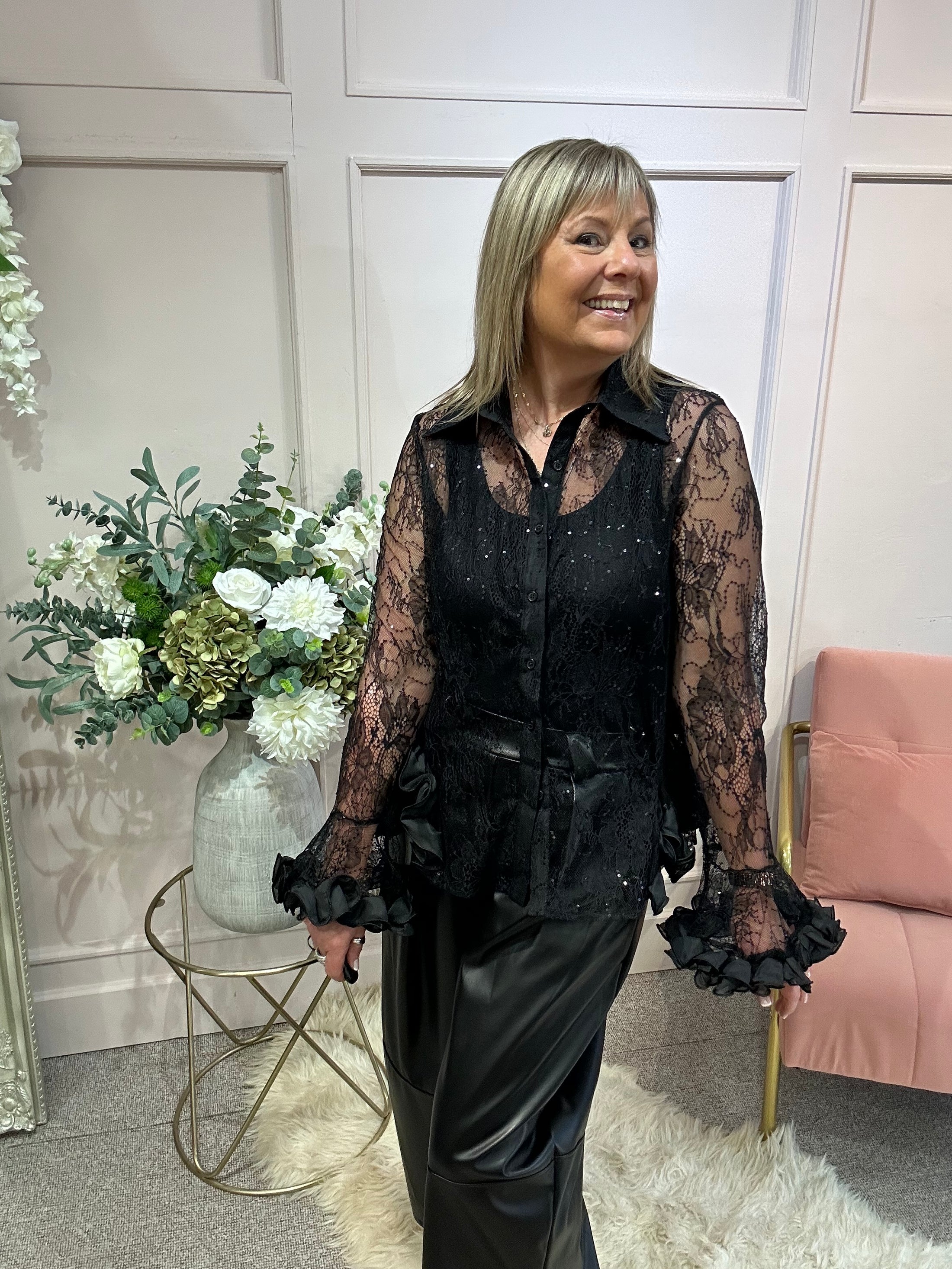 Pure Romance Rose Frill Blouse - Black