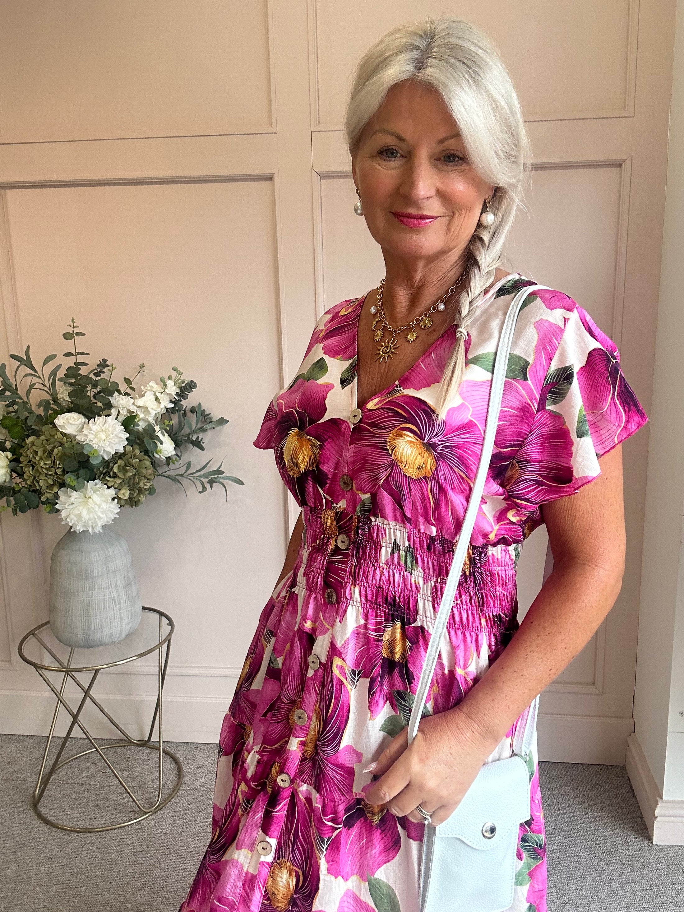 Floral Button Detail Midi dress - Pink/Cream - Wardrobe By Simone