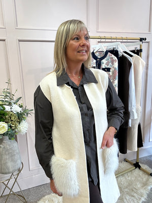 Fluffy Pocketed Long Waistcoat - Cream