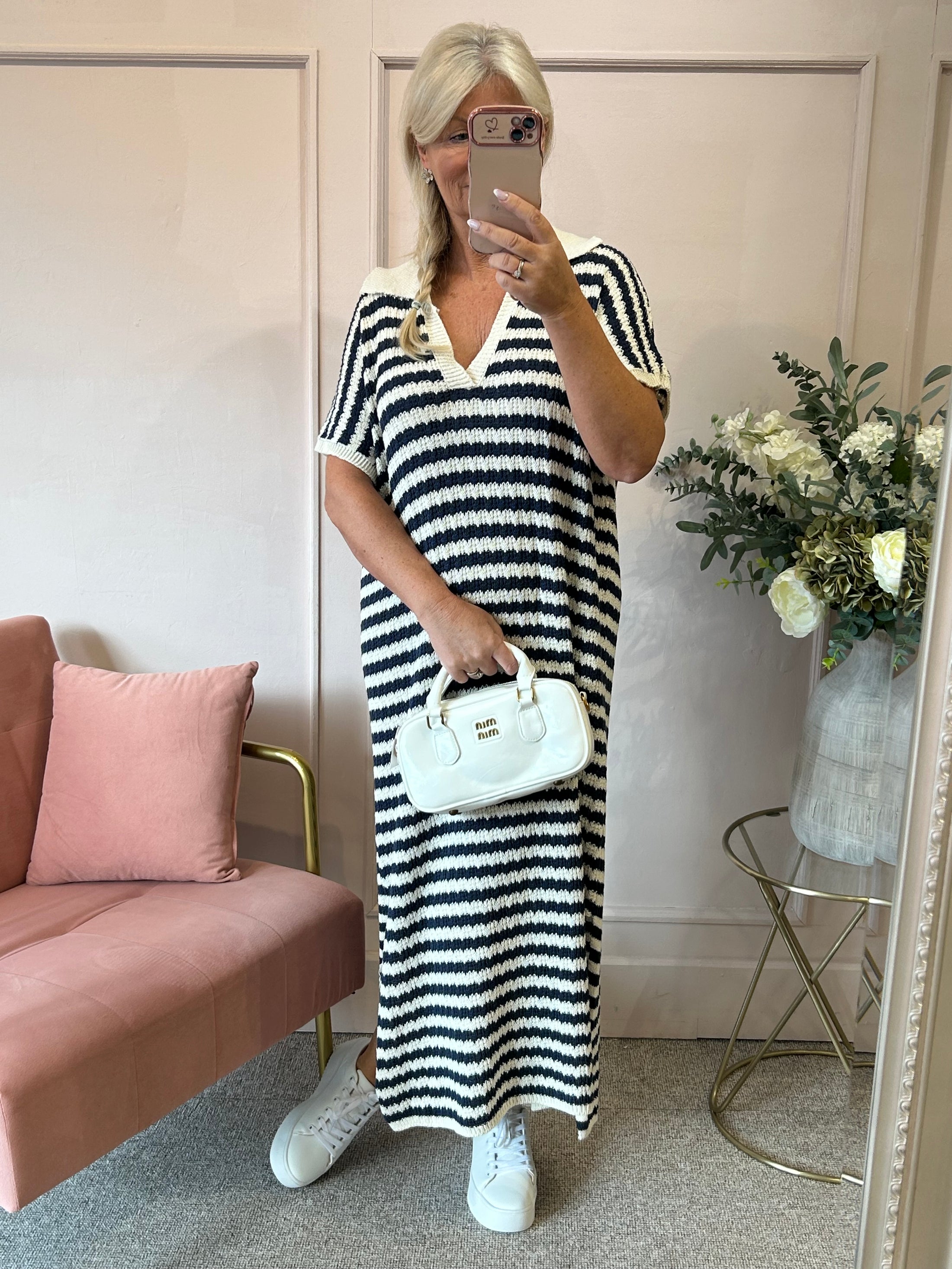 Striped Long Knitted Dress- Cream/Navy - Wardrobe By Simone