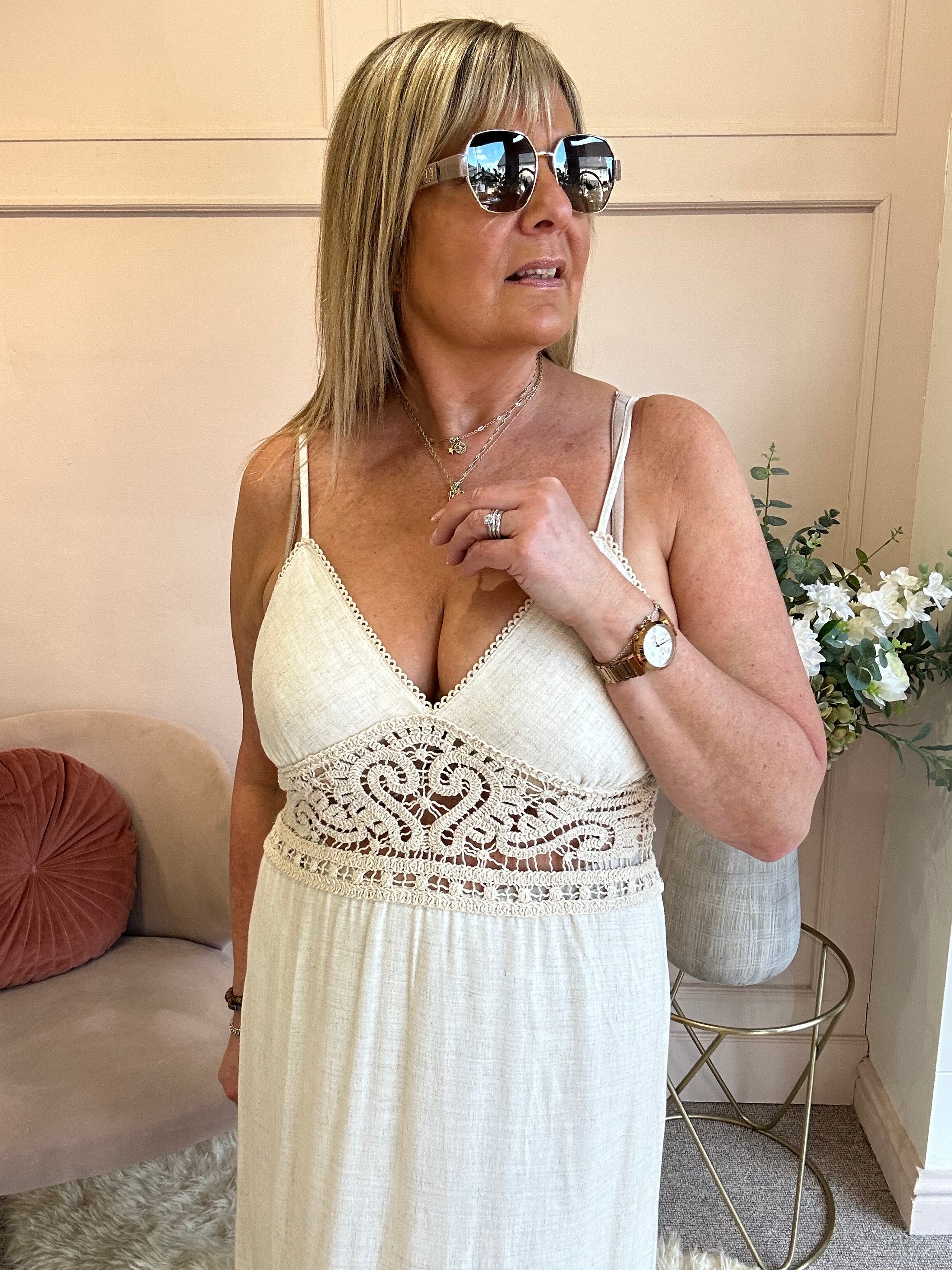 Boho Crochet Waist Maxi Dress - Soft Cream - Wardrobe By Simone