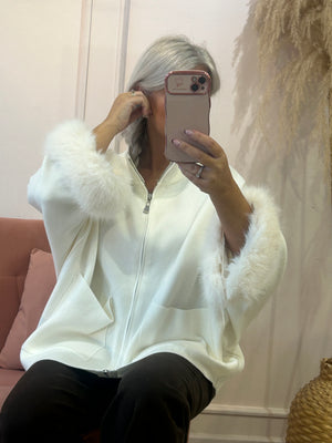 Fluff Detail  Zipped Cardi/Jacket - Cream