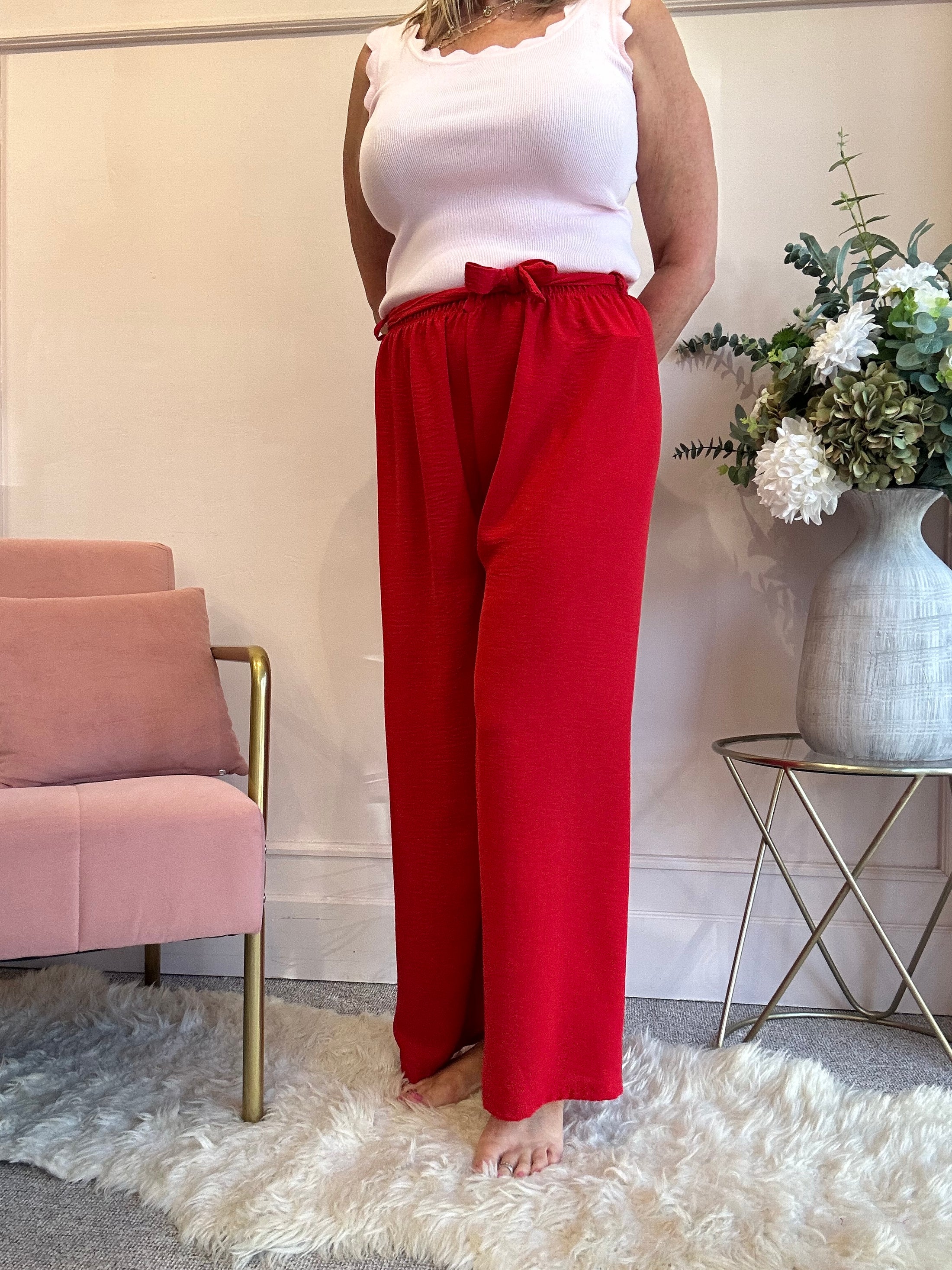 Tie Belt Wide Pant - Red - Wardrobe By Simone