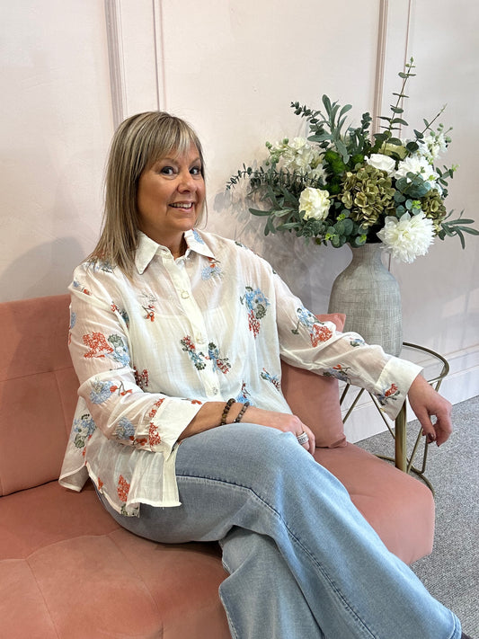 Embroidered Floral & Sparkle Shirt  - Soft Cream - Wardrobe By Simone