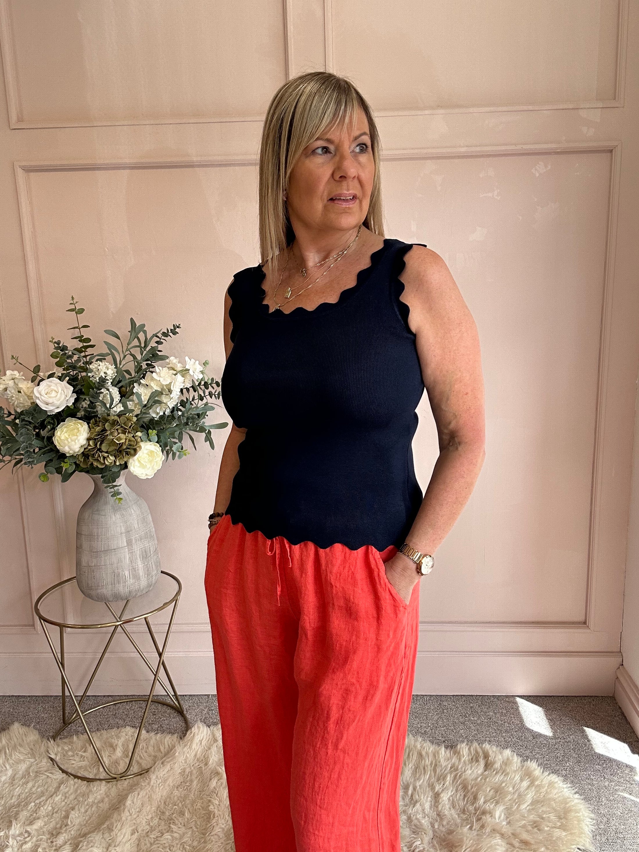 Scalloped Edged Vest Top - Navy - Wardrobe By Simone
