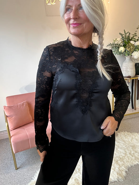 Lace & Satin Top - Black