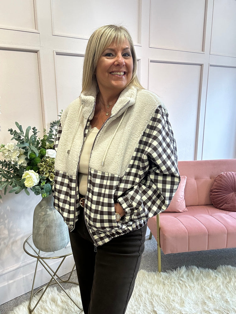 Cream Teddy With Gingham Bomber - Cream/Brown
