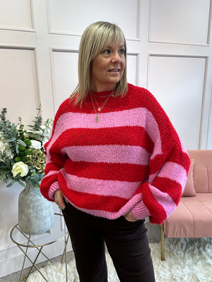 Chunky Striped Knitted Jumper - Red/Pink