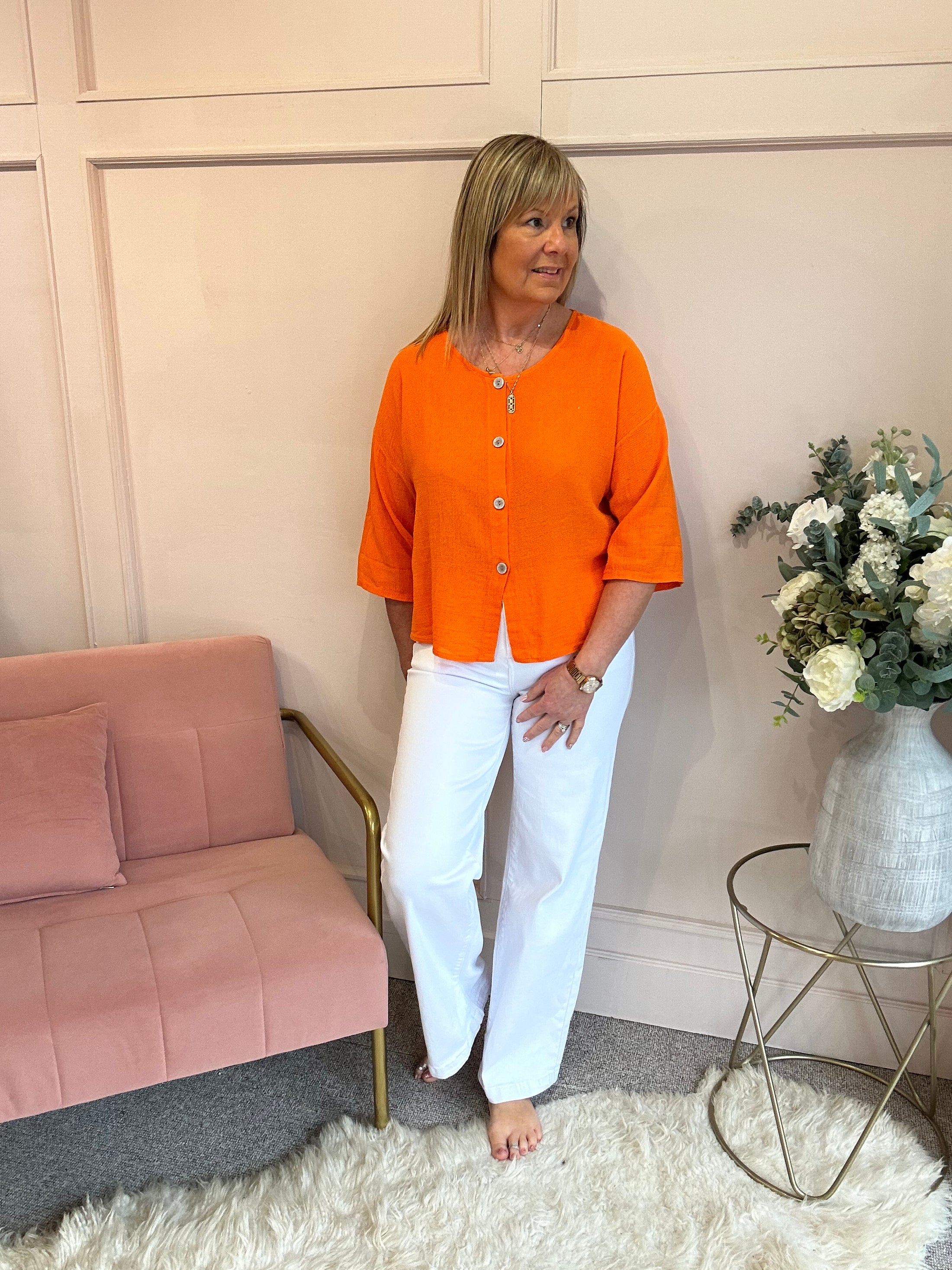 Cotton Buttoned Top  - Orange - Wardrobe By Simone