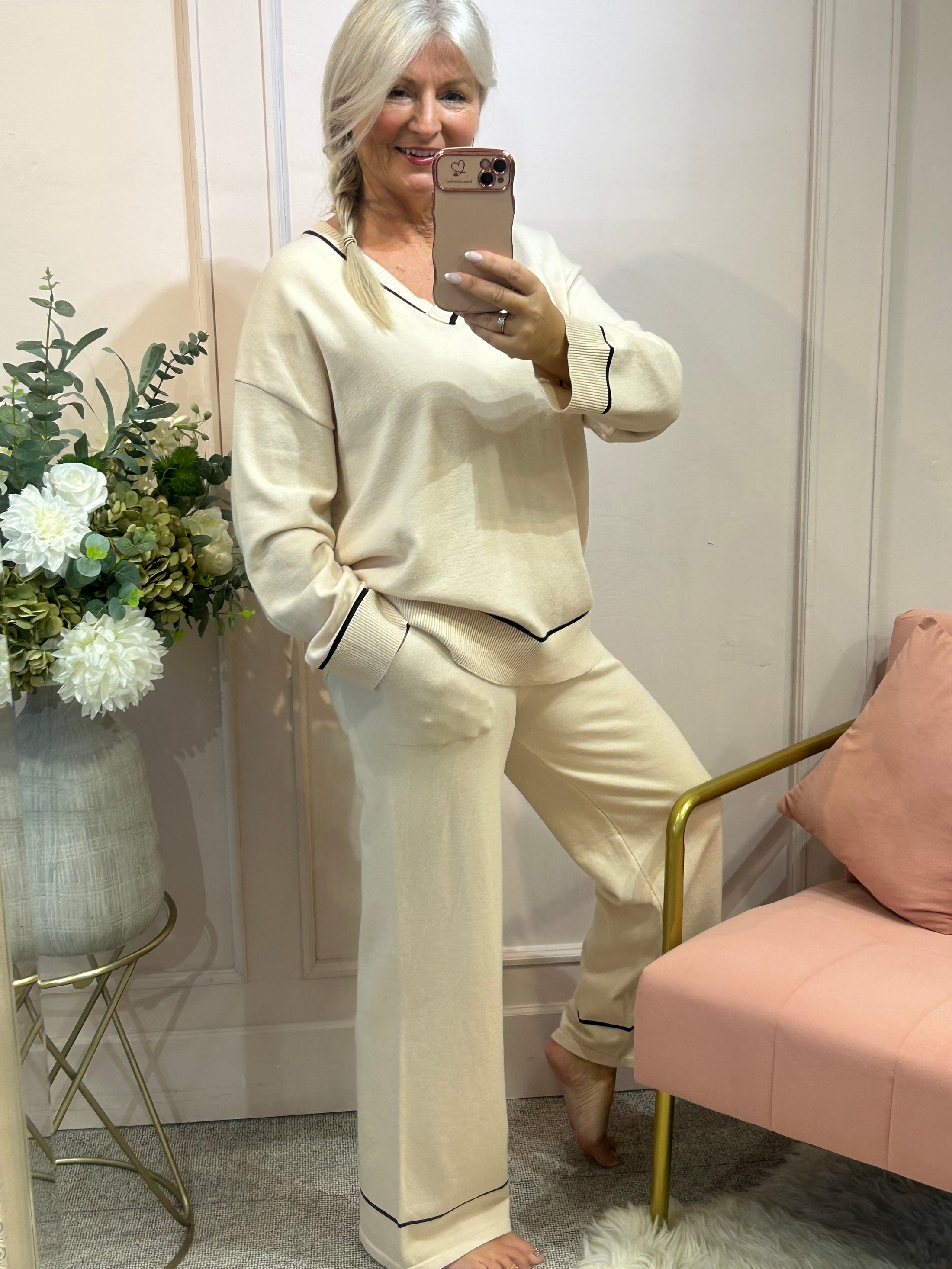 Black Trim Jumper & Pant Set - Buttermilk Cream
