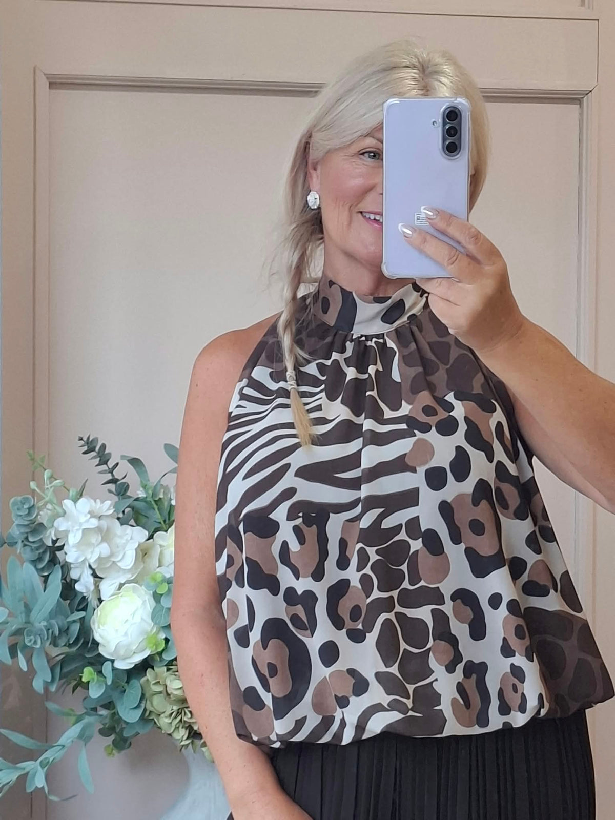 Zebra Halter Neck Top - Brown/Cream