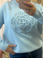Flower & Silver Gems Jumper - Soft Blue
