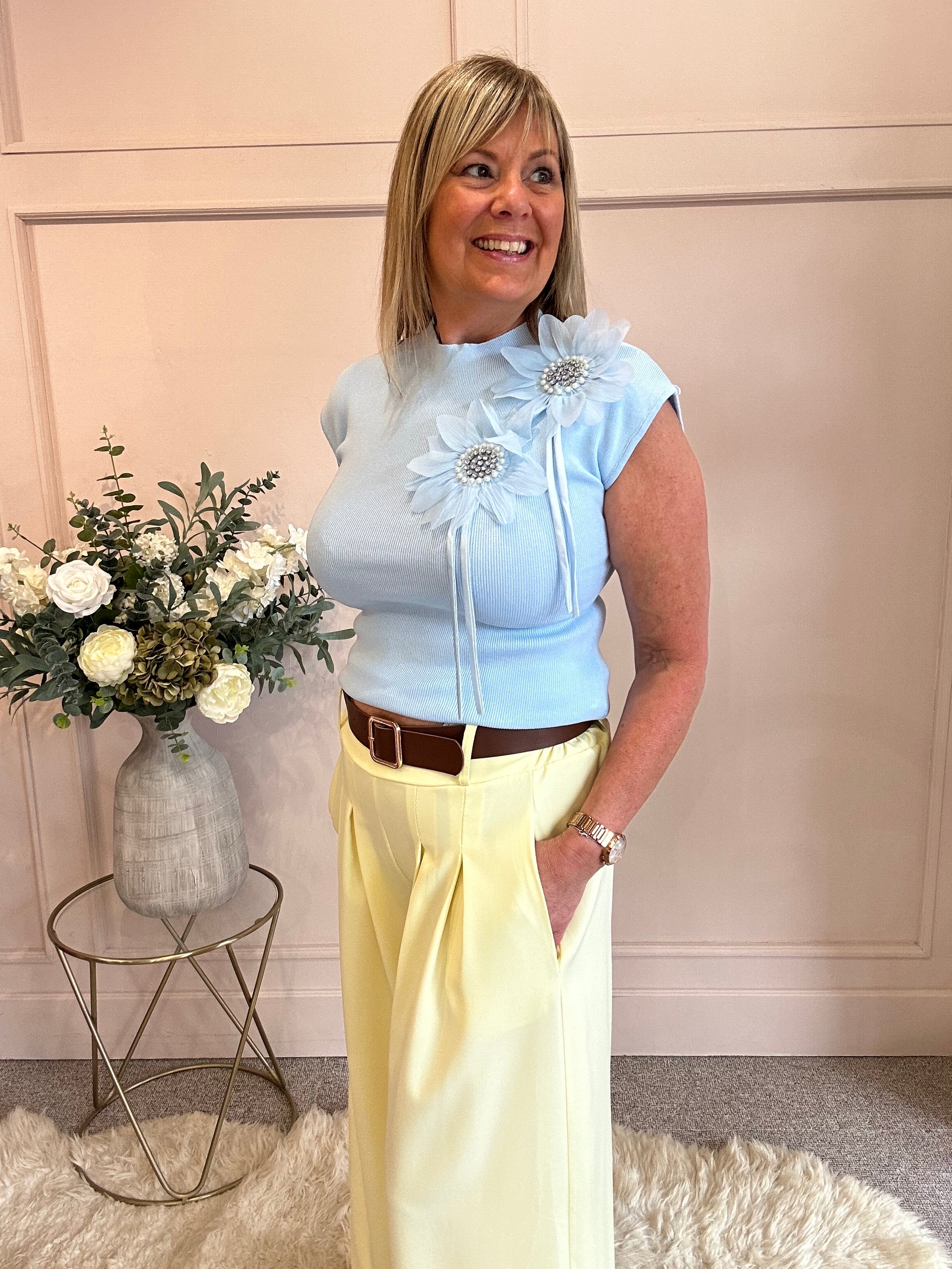 Sleeveless Diamante Flower Knit Top - Blue